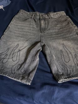 Gray Washed Denim Shorts with Flame Graphic