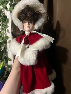 Porcelain Christmas Doll in Red Velvet Outfit