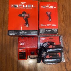 (1) Milwaukee M18  Fuel Hammer Drill/Driver(2904-20)  (1)M18 Fuel Impact Driver(2953-20)  (2) M18 3.0Ah high output Battery  (1) M12/M18 Charger