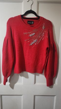 Stylish Red Sweater with Embellished Detail By BROADWAY 38 - Medium