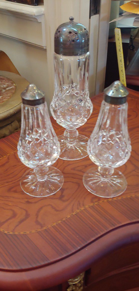 Vintage Waterford Crystal Footed Master Muffineer Shaker with Two Smaller Salt & Pepper Shakers

