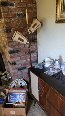 Mid century lamps, speakers, and wall clock