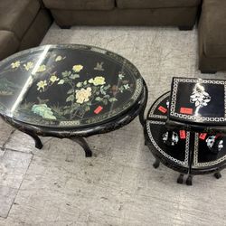 Chinese Black Lacquer Coffee Table With Nesting Stools