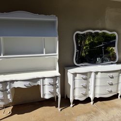 Vintage White Provincial Mirror, Dresser & Desk (hutch on top is gone) 