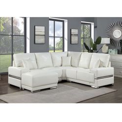 White Breathable Leatherette Sectional With Chrome Accents Pillows Included Brand New In Box Firm Price $1,100
