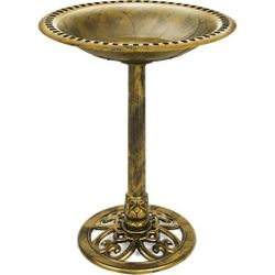 28in Pedestal Bird Bath, Vintage Outdoor Resin Accent Decoration w/Fleur-de-Lis Accents - Gold