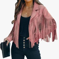 Chartou Women's Pink Faux Suede Country Western Fringe Moto Jacket Size Large