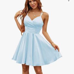 Women's Short Satin V-Neck Prom Party Dresses for Teens A-Line Spaghetti Straps Cocktail Dress