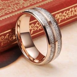 8mm Tungsten Wedding Ring Imitated Meteorite Rose Gold Polished Band (Size 9.5)