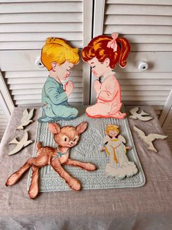 Vintage 1950s Nursery Wall Art Girl Boy Praying Lamb Doves Angel