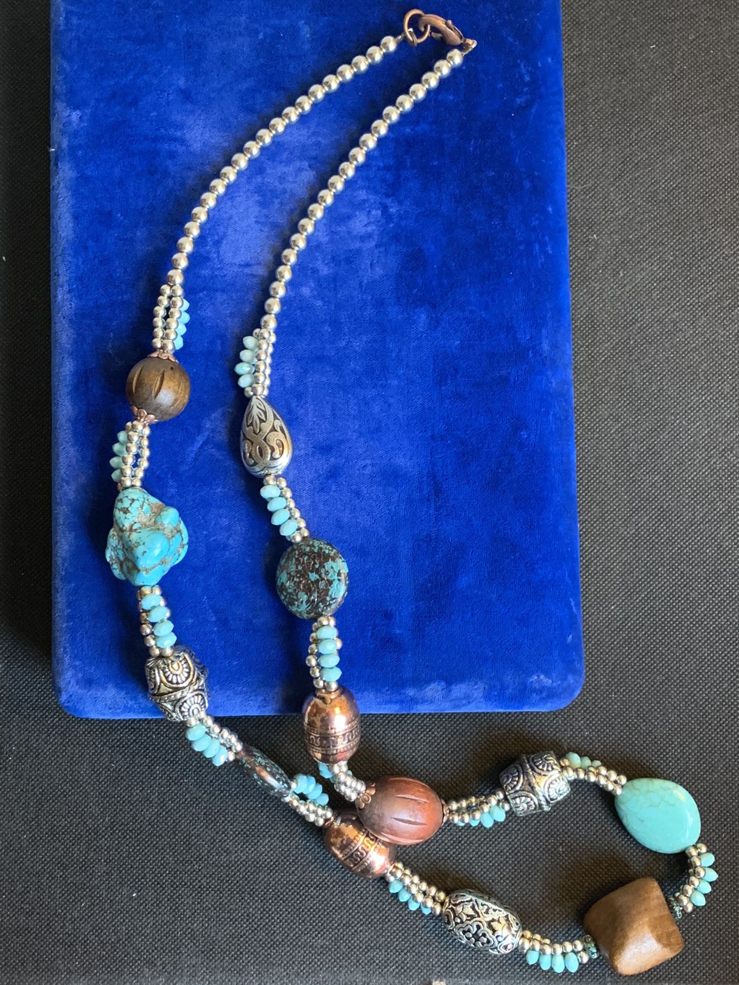34” Faux Chunky Turquoise Silver Bronze Tone Wood Stone Necklace