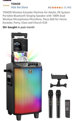 TONOR Wireless Karaoke Machine for Adults, PA System Portable Bluetooth Singing Speaker with 100ft Dual Wireless Microphones Microfono, Disco Ball for