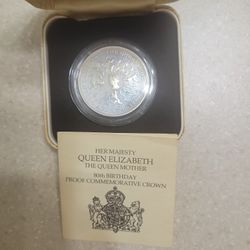 1980 Queen Elizabeth 80th Birthday Proof Silver Coin.  Comes With Original Box And COA 