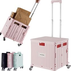 Folding Utility Cart Portable Rolling Crate Handcart Shopping Trolley Collapsible Tool Box, with Lid, Basket on 4 Rotate Wheels, for Grocery, Shopping