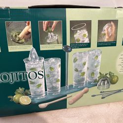 Mojitos Set, Includes: 4 Shatterproof Glasses, Sugar Spoon, Muddler, Lime Reamer, Shaker Lid, Stir Sticks “New”