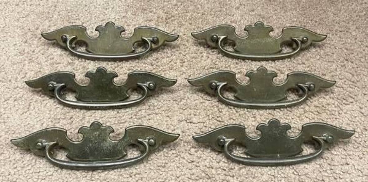 Vintage Set Of 6 Brass Swan Neck Drop Bail Pull Handles Knobs With Screws DIY Project
