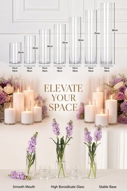 Glass Cylinder Vases – 7 Sizes Available – $10–$25