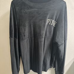 PINK Victoria Secret Velour Varsity Crew Top Logo Back LOVE PINK