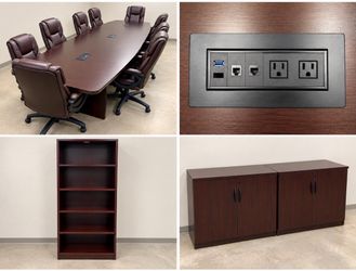 14’ Executive Conference Table + 8 Kelburne Chairs + Matching Office Storage