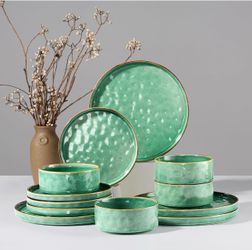 HaWare 16-Piece Dinnerware Set for 4, Reactive Green | Stoneware, Ripple Surface, Scratch Resistant