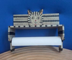 Vintage Wood Folk Art Striped Tabby Cat wall-mounted paper towel holder