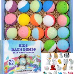 Yekery Bath Bomb Gift Set with Toys Inside, 20 Pack Organic Bath Bombs for Kids, Kids Safe Handmade Fizzy Balls for Kid, Ideal Birthday Gift for Boys 