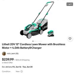 Litheli 20V 13" Cordless Lawn Mower with Brushless Motor + 4.0Ah Battery&Charger