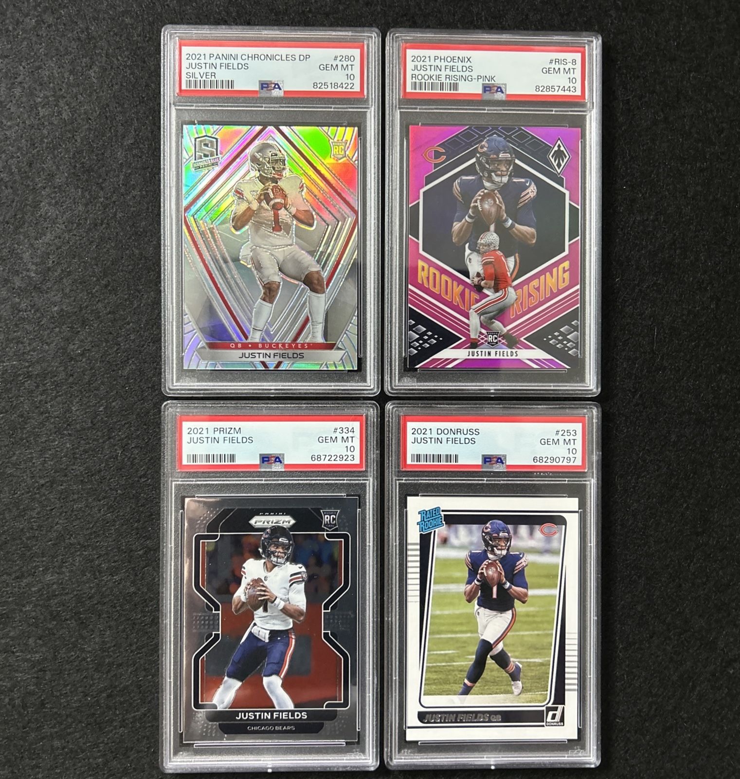 Justin Fields Rookie PSA 10 Lot (4) 2021 Silver Phoenix Pink /175 Prizm Donruss 