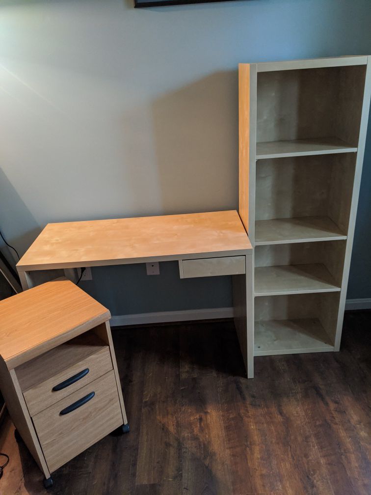 Office furniture set; cabinet, desk, shelves