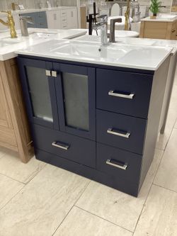 36” Vanity, Navy Blue, Solid Wood, Ceramic Top, Glass Door, Available For Pick Up
