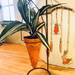 Easter Decor - Real Plant In Cute Carrot Hanging Metal Stand With Carrots And Bunnies Mobile 