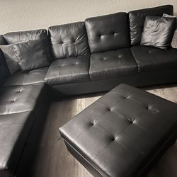 All Black Leather Sectional 