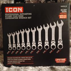 Icon Professional Racheting Stubby Flex Head Combination Wrench Set Metric