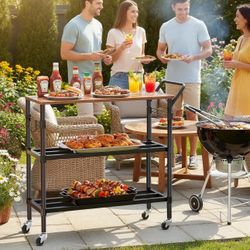 Small Kitchen Cart Adjustable-Height, 3-Tier Rolling Storage Organizer - Thick Shelves, Heavy-Duty Metal Frame & Wood Top, Handle Bar, for Kitchen, Of
