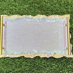 Pink & Silver Resin Tray | Elegant Thin Handmade Tray with Gold Handles | Minimalist Glam Geode-Inspired Décor | Vanity or Coffee Table Gift