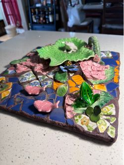Handcrafted Mosaic Garden Pond Wall Art – Frog, Lily Pad, Ceramic Tile – 12” x 12”