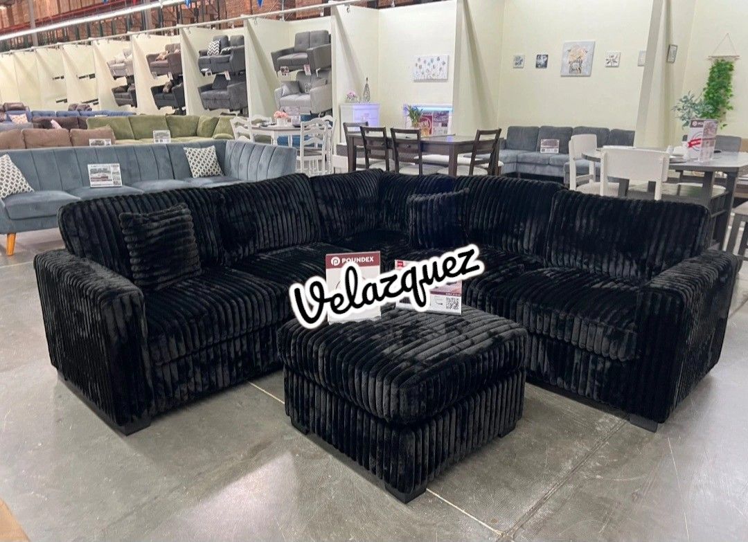 ✅️✅️4 pc black corduroy fabric upholstered sectional sofa with ottoman✅️