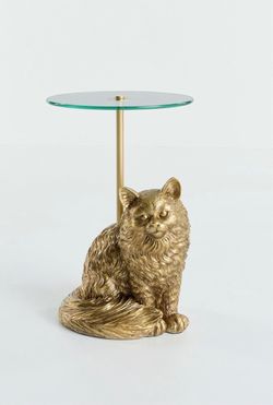 Anthropologie Gold Cat Sculpture Side Table with Glass Top