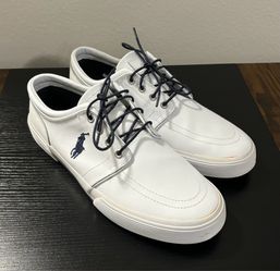 10.5 Men’s Polo Ralph Lauren ‘Faxon Low’ Leather Boat Shoe White And Navy Blue