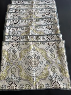 Set of 8 Decorative Fabric Placemats – Neutral/Sage & Blue-Gray Pattern