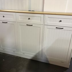 Triple Tilt Out Trash Can Cabinet, with 3 Drawers & Adjustable Shelf, Hidden Wooden Trash Can Cabinets with Storage Basket for Kitchen ,White