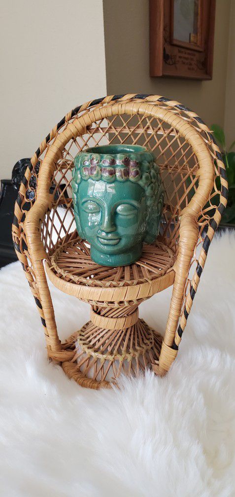 Buddha Head Planter On A Bohemian Wicker Chair Sold As A Set 