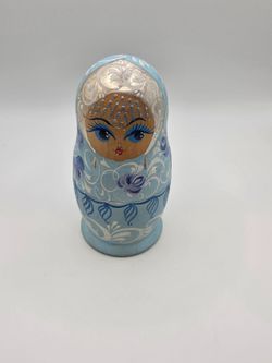 Russian Matryoshka Nesting Dolls Set Blue Silver Floral Hand Painted