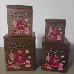 Vtg Wooden Set of 4 Canisters / Mini