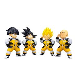 These Dragon Ball figures feature characters in Namek Spacesuits.The set includes Q-version figures of Gohan, Goku, Vegeta, and Krillin.They are typic