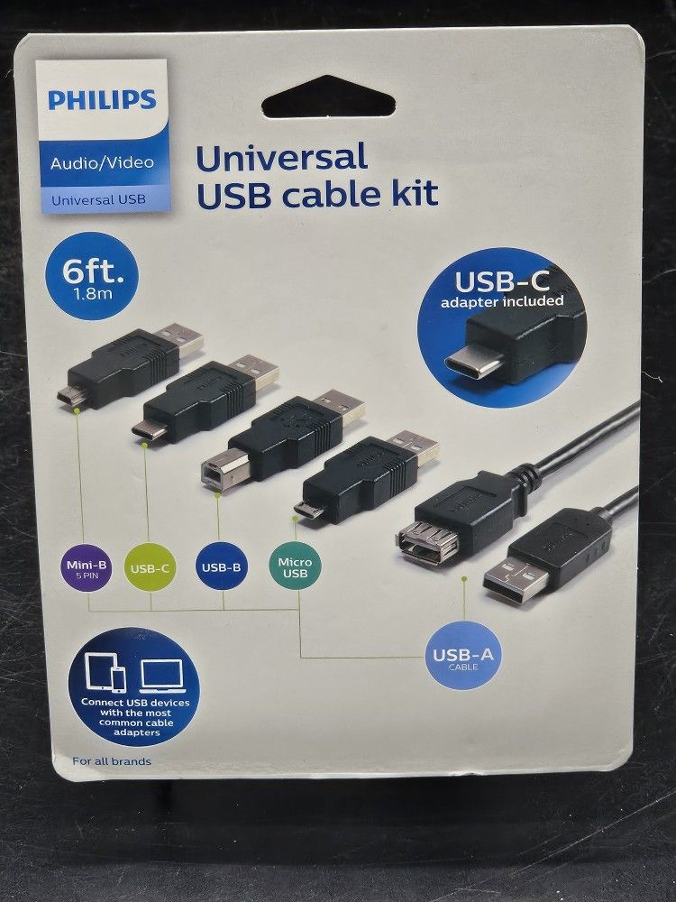 Philips 6' USB 2.0 Universal Kit with USB-C Black For All Brands New Sealed