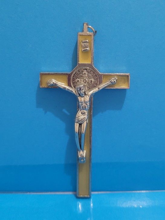 Saint Benedict Yellow Enamel Gold Wall Cross Crucifix 4" Religious Gift Decor.