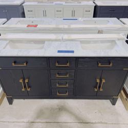Brand New Black Oak 60" Double Vanity with Marble Top in White  $849 