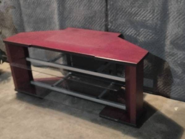 Corner TV Stand  Red Hardwood  Entertainment Center With Glass Shelves