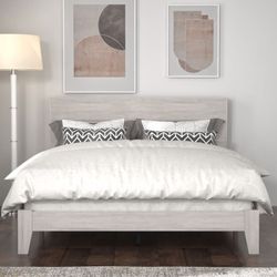 Queen Size Wood Platform Bed Frame, Dusty Gray Oak